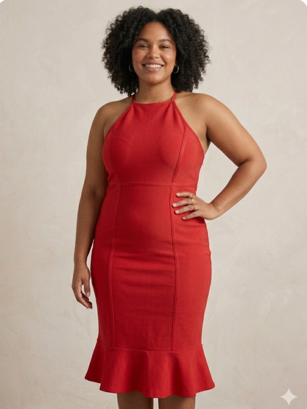 PrettyLittleThing Red Bodycon Midi Dress with Flounce Hem Size 12